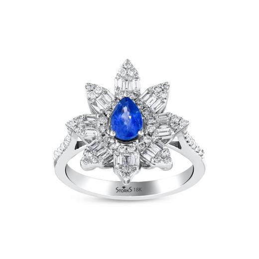 1.23 kt. Diamant-Baguette-Ring mit natürlichem Saphir