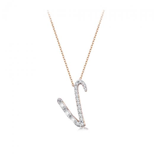 0.24 kt. Diamant Baguette Buchstabe V Halskette