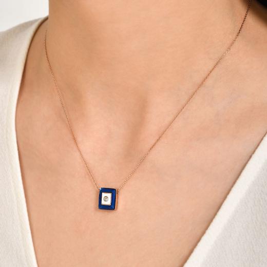 0.02 kt. Diamant-Emaille-Halskette in Marineblau