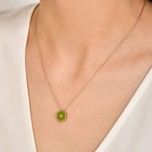 0.02 kt. Diamant-Halskette mit grüner Emaille