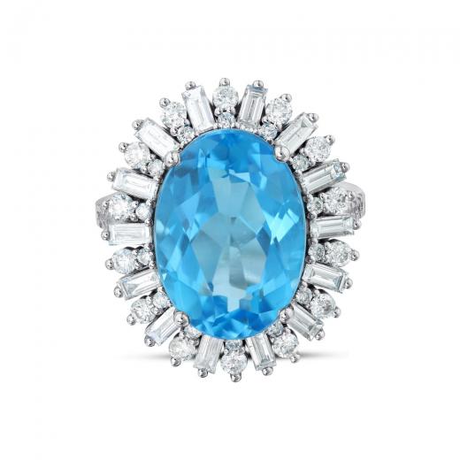 12,87 ct. Ring mit blauem Topas im Baguette-Diamantschliff