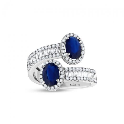 2.51 kt. Diamant-Baguette-Ring mit natürlichem Saphir