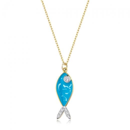 0.11 kt. Diamant-Halskette mit emailliertem Fisch